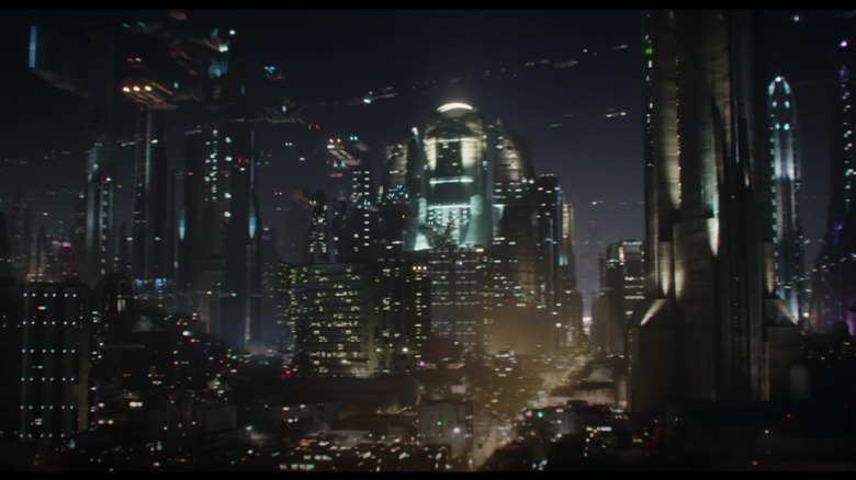 City nightscape with flying ships
