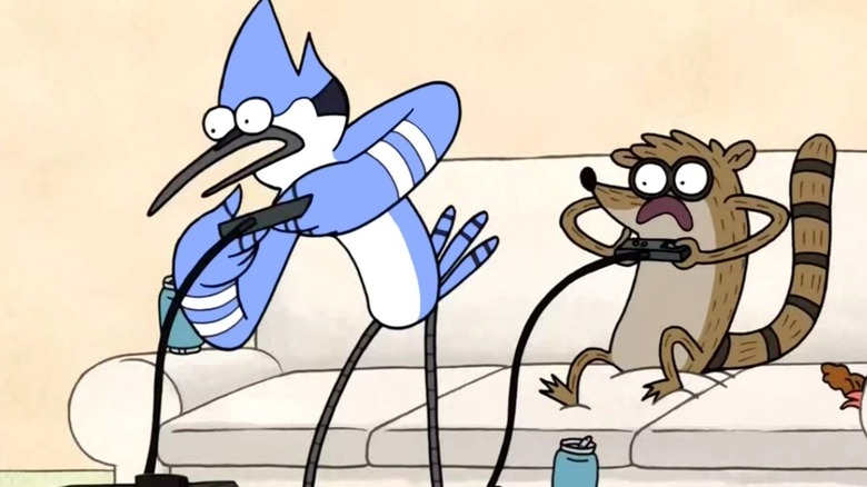 Mordecai and Rigby playing video games