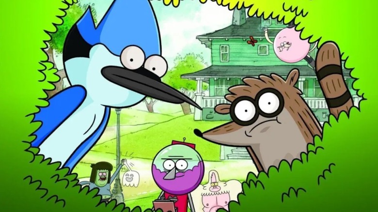 Regular Show characters peering through a hedge