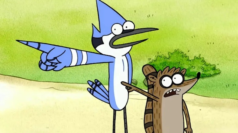 Mordecai and Rigby pointing