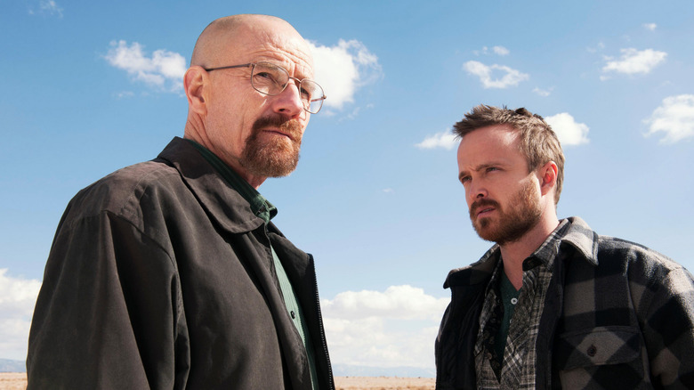 Walter White and Jesse Pinkman standing outside