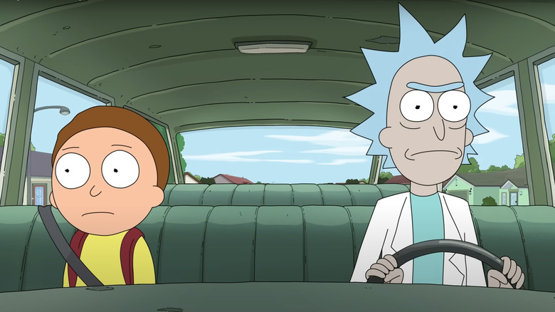 Rick driving Morty in car