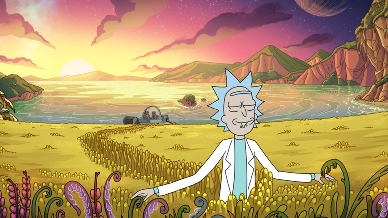 Rick walking through an alien meadown