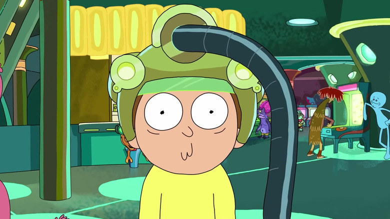 Morty wearing strange helmet