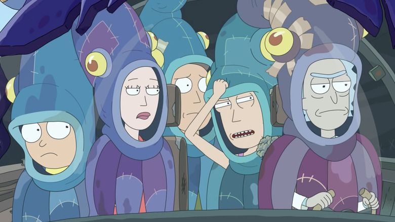 Rick Sanchez and Smith family wearing squid costumes in spaceship