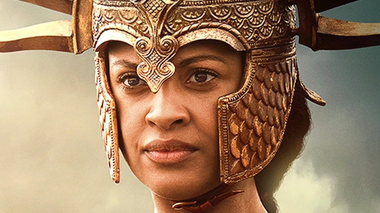 Queen Miriel wears her queen battle helmet 