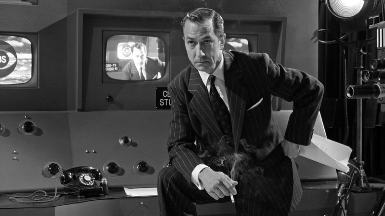 Edward Murrow sits on a TV control panel in "Good Night, and Good Luck"