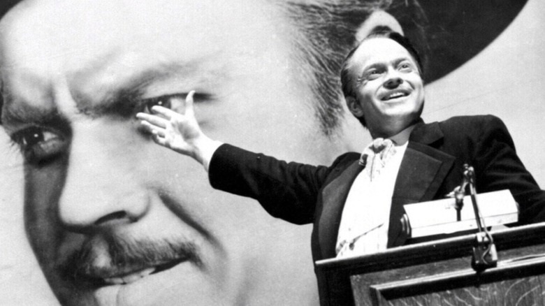 Charles Foster Kane giving a campaign speech in Madison Square Garden in "Citizen Kane"