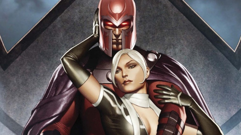 Magneto and Rogue standing with arms around each other