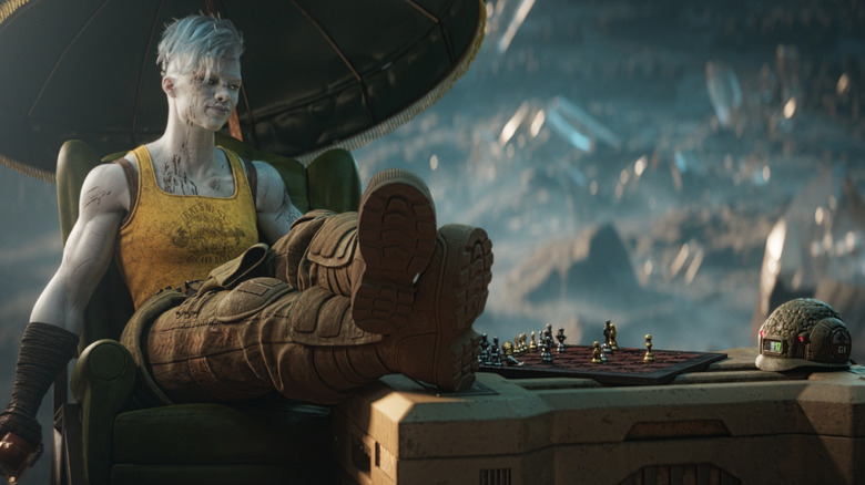 Venus playing chess with Helm in "Rogue Trooper" (2026)