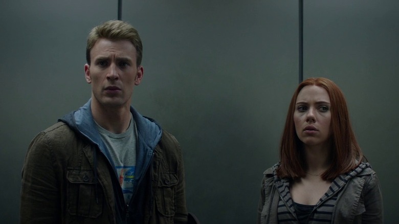 Captain America and Black Widow in an elevator in "Captain America: The Winter Soldier"