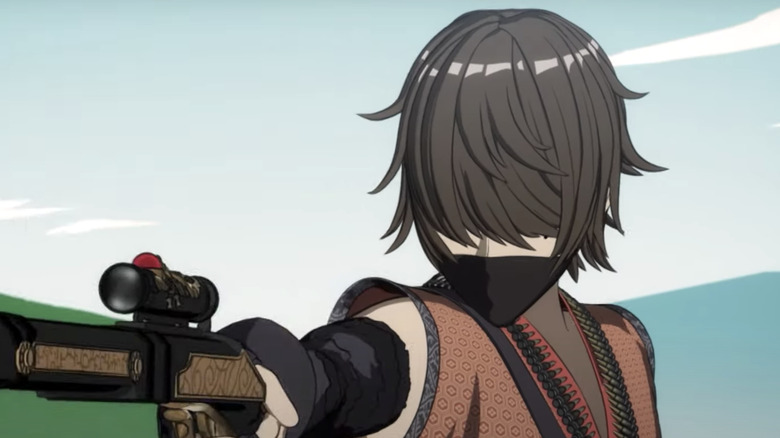 Masked mercenary holding gun