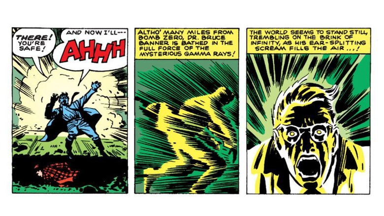 Bruce Banner saves Rick Jones while absorbing gamma radiation in "The Incredible Hulk" #1