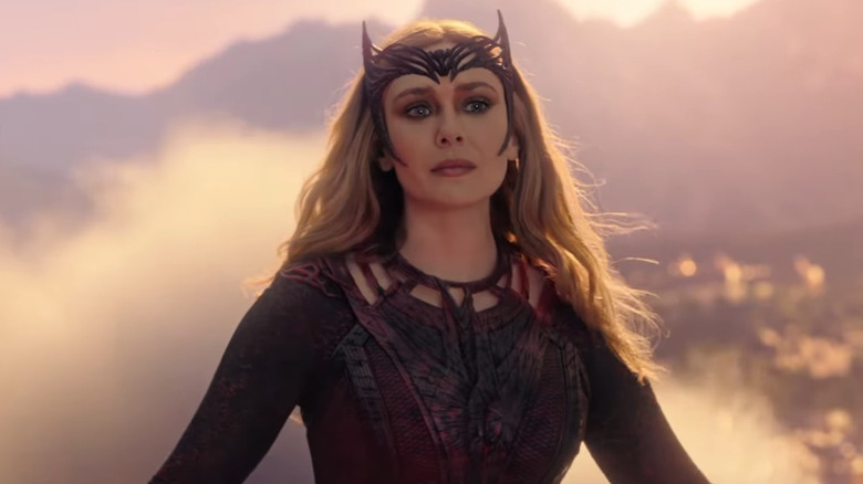 Scarlet Witch against sunset sky