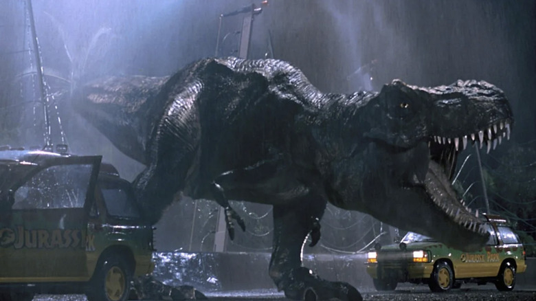 The T-Rex attacks the park cars in "Jurassic Park" (1993)