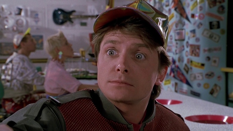 Marty McFly in Back to the Future Part II, looking shocked in a diner