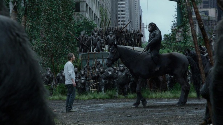 Caesar meeting with Malcolm on horseback in Dawn of the Planet of the Apes