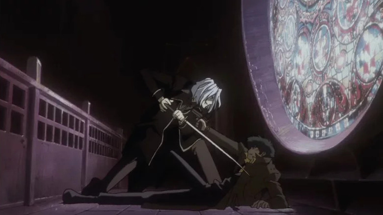Spike and Vicious holding weapons on each other during a duel in Cowboy Bebop (1998)