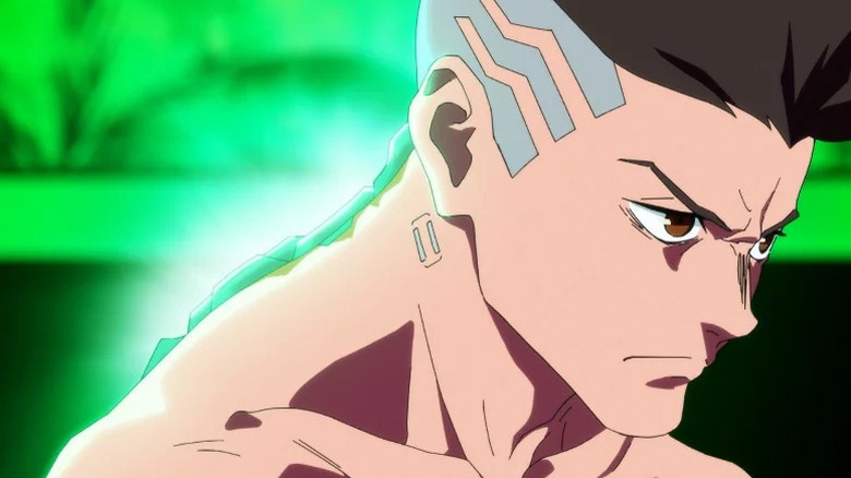 David, shirtless, glowing green in neon light in Cyberpunk: Edgerunners (2022)