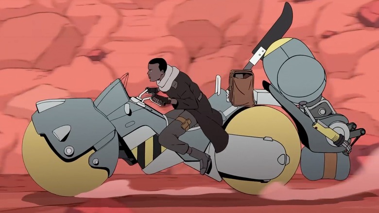 Azi riding a hoverbike in Scavengers Reign