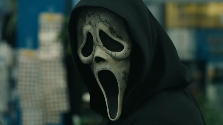 A weathered Ghostface mask in Scream VI