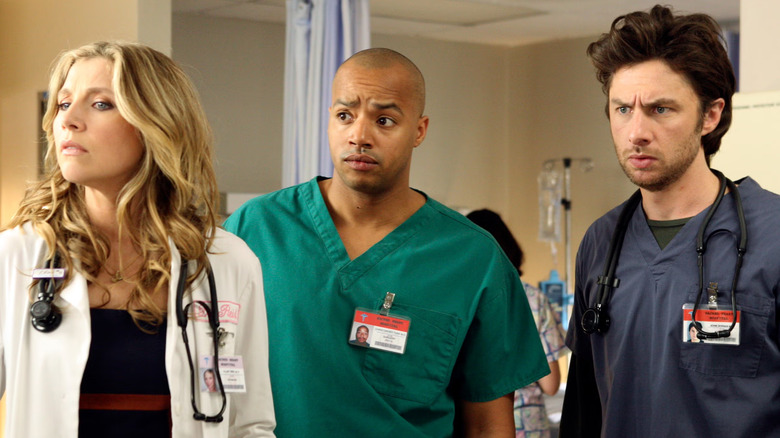 Dr. Elliot Reid, Dr. Christopher Turk, and Dr. John Dorian in Season 8 of Scrubs