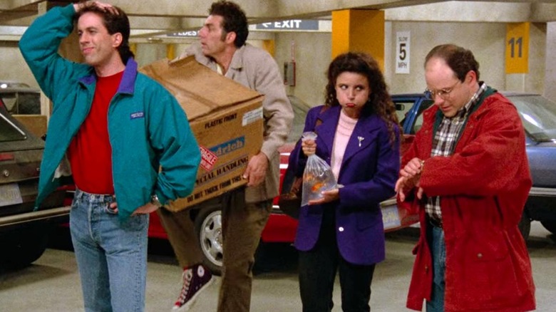 Jerry, Kramer, Elaine, and George lost in a parking garage in "Seinfeld" (1989-1998)