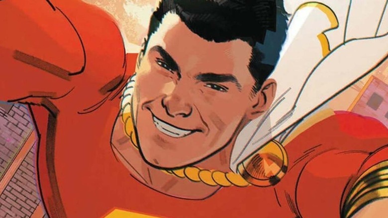 Shazam smiling while flying
