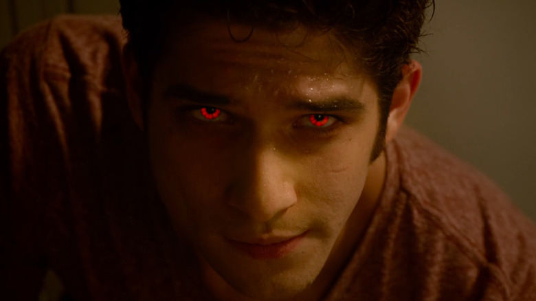 Tyler Posey's Scott McCall shows his red werewolf eyes in Teen Wolf