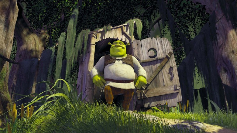 Shrek emerging from his outhouse in "Shrek" (2001)