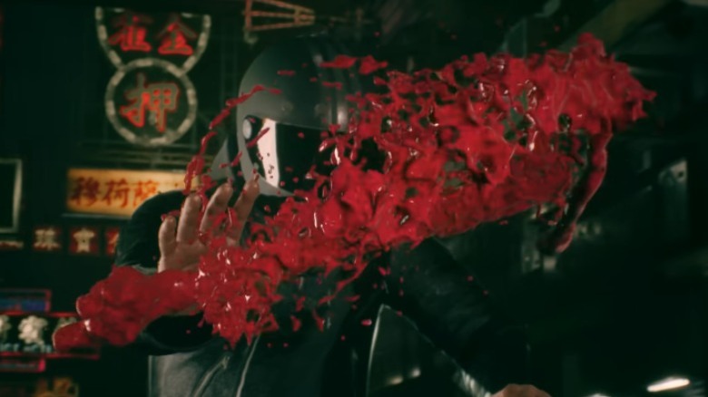 Motorcyclist summoning blood weapon