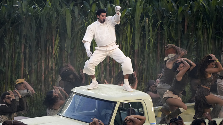 Bad Bunny dancing on top of a truck at the Super Bowl