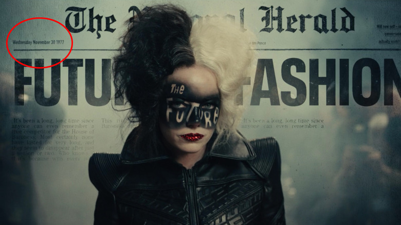 Cruella "the Future" makeup with newspaper behind her