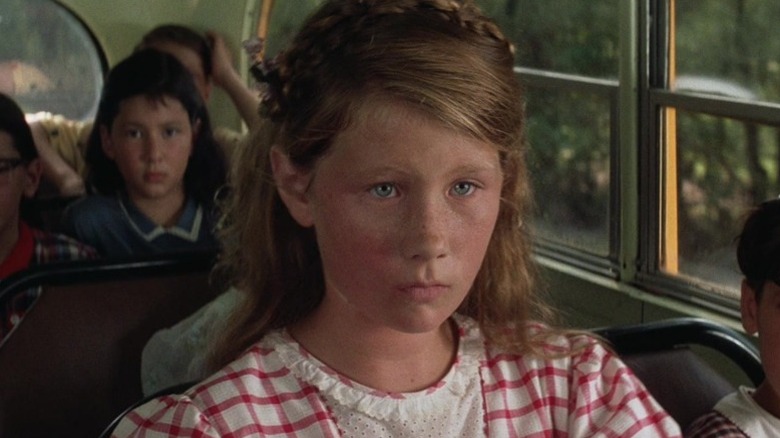 Elizabeth Hanks looks ahead sternly