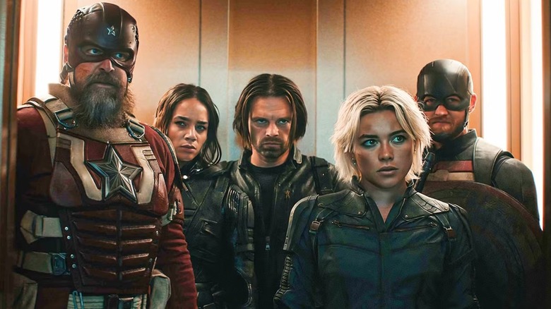 Ghost, Yelena, Bucky, U.S. Agent, and Red Guardian in an elevator in Thunderbolts*