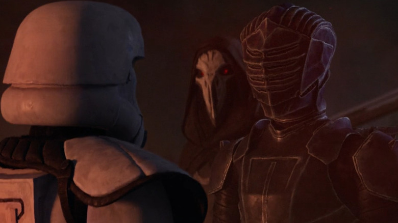 Marrok interrogates a TK Trooper while the Eleventh Brother walks by in the background in Star Wars: Maul — Shadow Lord (2026)