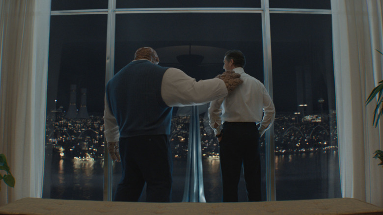 Ben Grimm touching Reed Richards' shoulder in The Fantastic Four: First Steps