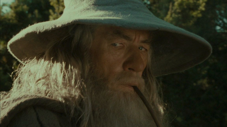 Gandalf smoking and being quizzical 