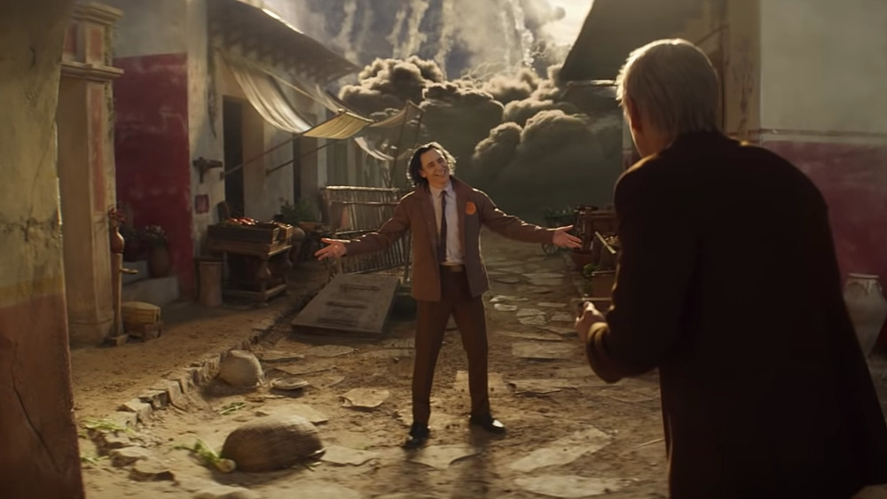Loki standing in front of explosion Pompeii Vesuvius