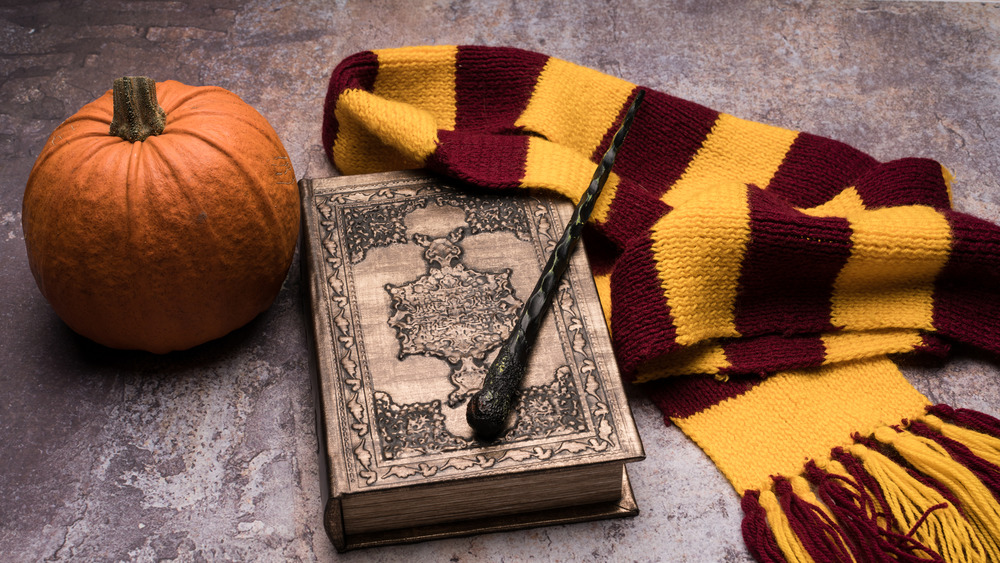 pumpkin, scarf, wand, and magic book