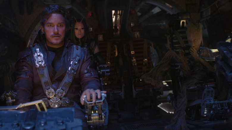 Quill, Mantis and Groot flying on Benatar