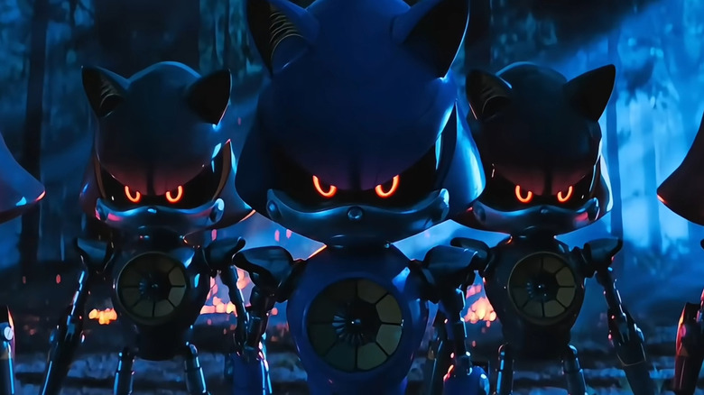 A squadron of Metal Sonics advancing on Sonic in a dark forest in 