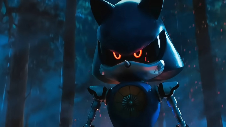 Metal Sonic standing ominously in a dark forest, glaring at Sonic in "Sonic the Hedgehog 3"