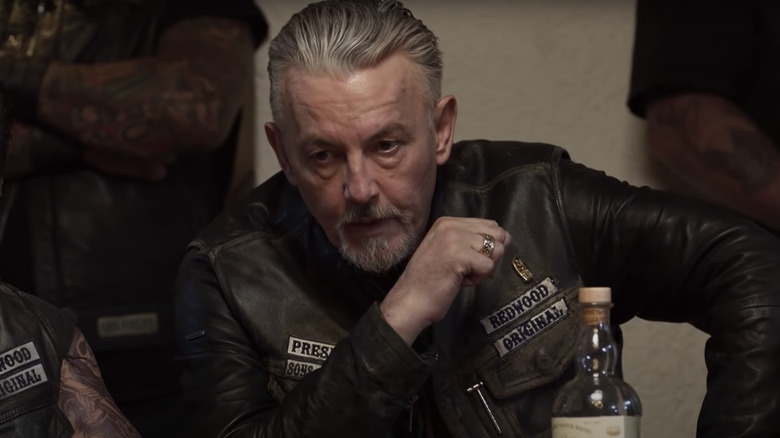 Chibs Telford wearing a leather cut. 