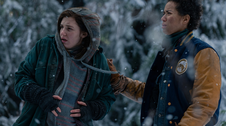 Shauna and Taissa in a windy snowstorm