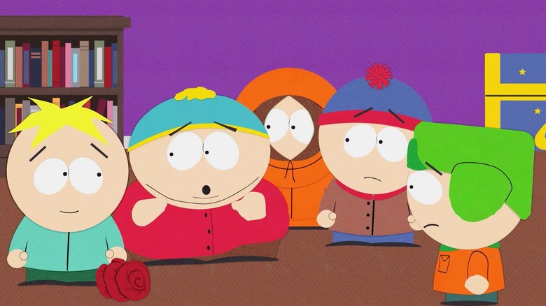 Butters, Cartman, Kenny, Stan, and Kyle standing in Butters' room