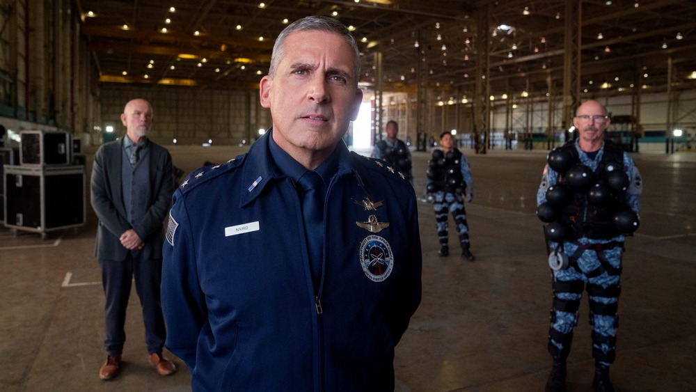 Steve Carell in a plane hanger on Space Force