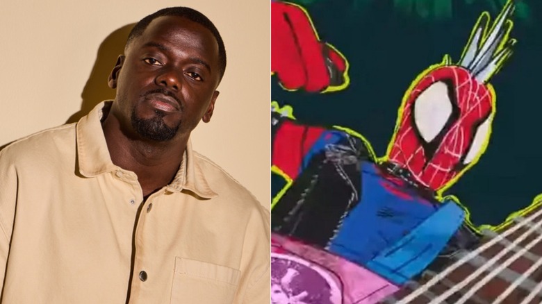 Daniel Kaluuya poses against a sand-colored background and Spider-Punk raises his hand and guitar