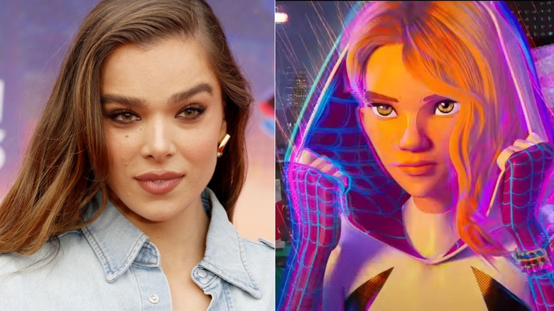 Hailee Steinfeld appears on the red carpet at the Spider-Man: Across the Spider-Verse premiere; Gwen Stacy raises a hood over her head
