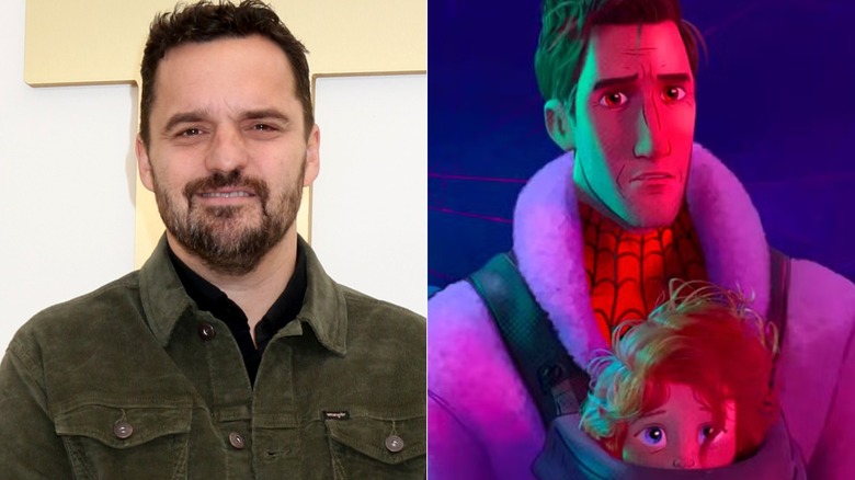 Jake Johnson stands and smiles near a gold and white background and Peter B. Parker holds May "Mayday" Parker